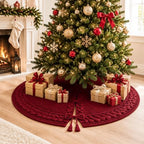Hollowfly 48 Inch Burgundy Christmas Tree Skirt for 7.5ft Tree Cable Knit by Hollowfly