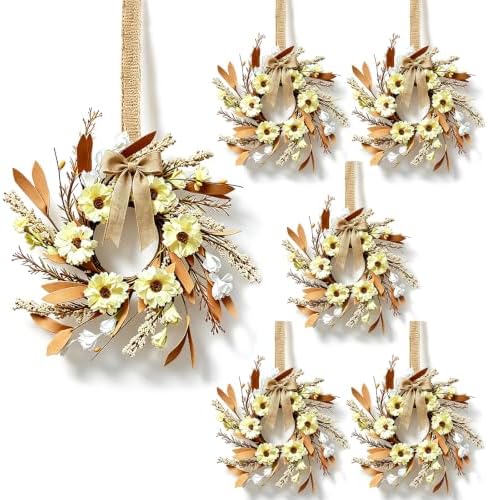 6 Pcs Small Fall Hanging Wreaths with Artificial Autumn Yellow Daisies Brown Foliage White Buds Beige Spikes Mini Cabinet Wreath for Home Table Centerpieces Kitchen Farmhouse Thanksgiving Party Decor by EYNDYN