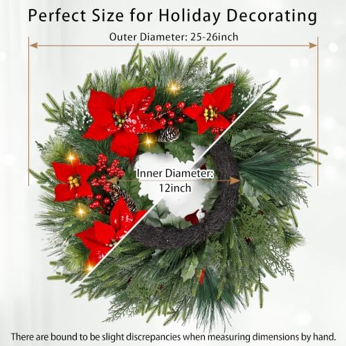 Christmas Wreaths for Front Door - 8 Lighting Modes 26 Inch Real Touch Pine Wreath with Poinsettia, Red Berries & Pine Cones Prelit Winter Wreath for Outdoor Christmas Decorations Home Decor - Image 3