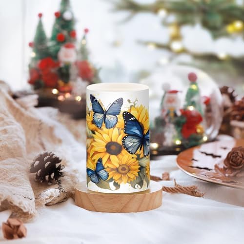 ALAZA Blue Butterflies Sunflowers Flickering Flameless Candles Battery Operated with Remote Timer,Tea Light Candles LED Pillar Votive Candles Set of 2 for Outdoor Indoor Decorations - Image 5