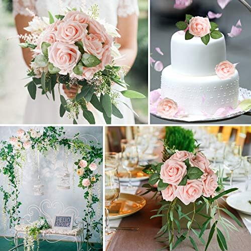 AmyHomie Blush Pink Rose 50pcs Real Looking Artificial Flowers w/Stem - Image 5