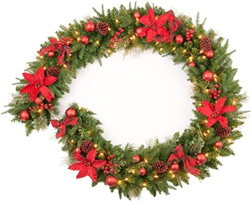 9Ft Red Poinsettias Pre-lit Christmas Garland 70 Lights Plug in,Holiday Decoration Fireplace Stairs Mantle Door Indoor Outdoor by AmerzestXmastree