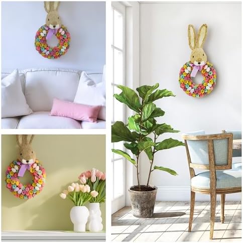 National Tree Company 24 in Artificial Easter Wreath Decorated with Colorful Wood Curl Flower Blooms, Pastel Eggs, Ribbon, Bunny Head, Indoor or Covered Outdoor Easter Decoration, Front Door Wreath - Image 6