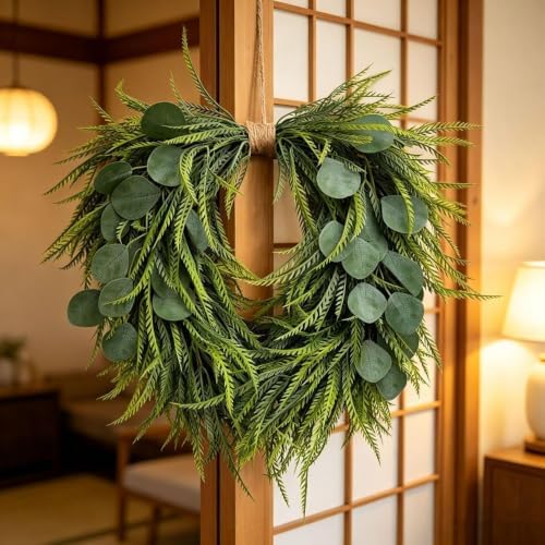 Artificial Wreath for Front Door, Faux Saw Grass Fake Eucalyptu Greenery Hanging Heart Shaped Wreath for Wall, Farmhouse, Window, Home Decor - Image 5