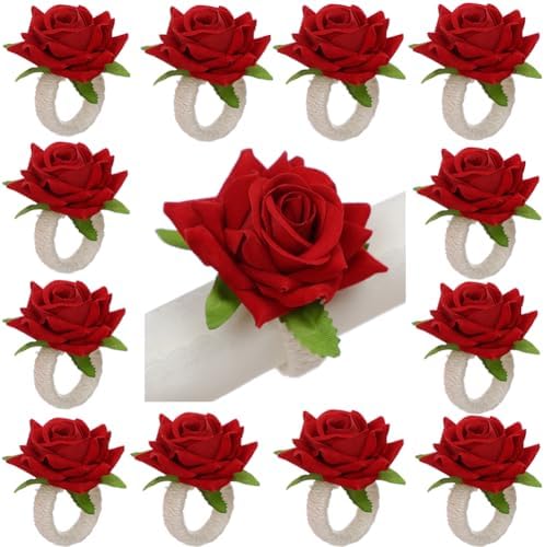 48Pcs Wedding Napkin Rings,Red Artificial Rose Flower Napkin Holder by LXKBD