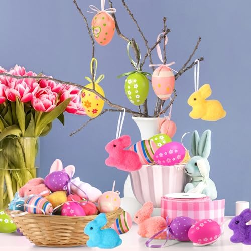 Halfchet 43 Pcs Easter Decorations Tree Ornaments Kit Easter Egg Rabbit Paper Cards Ornaments with Bow and Ribbon for Holiday Party Tree Hanging Decorations - Image 4