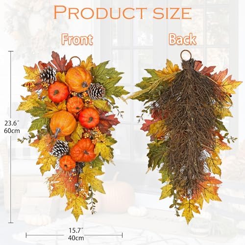 Pumpkin Harvest Teardrop Swag, 23.6 Inch, Mini Pumpkins & Fall Leaves - Image 2