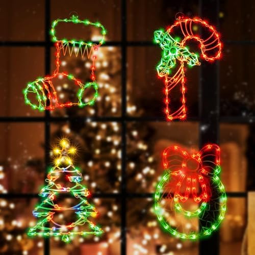 4 Pack Christmas Window Silhouette Lights, Lighted Candy Cane,Christmas Tree,Wreath and Christmas Stocking of Double Sided Decorations with 200 Count Incandescent Mini Light - Image 5