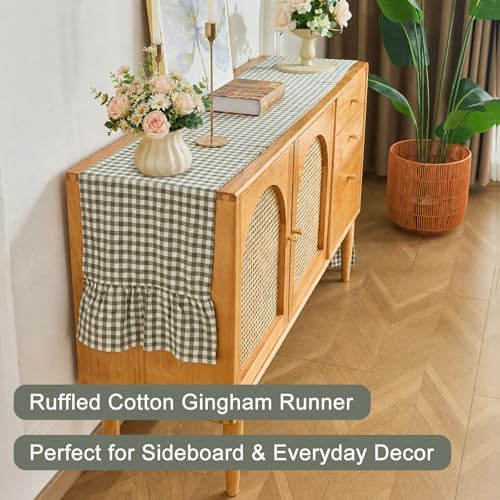 Sage Green Gingham Plaid Ruffle Table Runner 90 Inches Long, 100% Washed Cotton Double Layer Farmhouse Dining Decor for Holiday, Home Party Wedding, 13 x 90 inches - Image 6