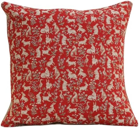 Medieval Mille Fleurs & Little Animals Red Tapestry Pillow Cover 14 x 14 in by CCharlotteHomeFurnishings