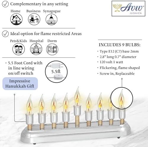 Contemporary Electric Hanukkah Menorah Stainless Steel Hanukkiah with Flickering Bulbs Horizontal Electronic Minorah for Chanukah Flameless Candles or Hanukkah Lights Decorations - Image 5