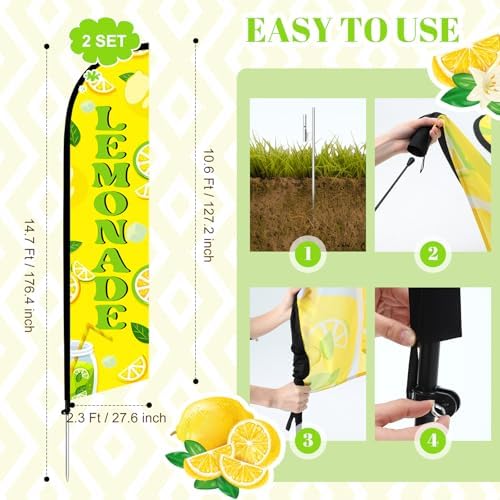 HunnmingRe 2 Set 15ft Lemonade Feather Flag Kit, Large Advertising Swooper Flag Banner with Aluminum & Fiberglass Poles and Ground Stakes, High-Visibility Outdoor Sign for Business, Store - Image 3