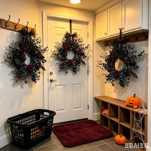 6 Pcs Small Halloween Hanging Wreaths with Burgundy Deep Purple Roses Black Foliage Black Sheer Bow Gothic Mini Cabinet Wreath for Home Table Centerpieces Kitchen Halloween Party Decor - Image 4