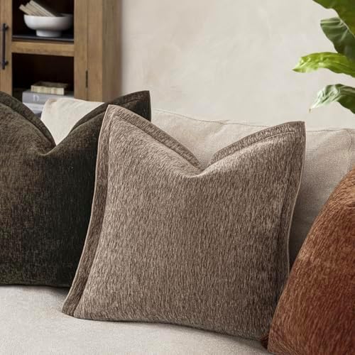 Decorative Chenille Luxury Throw Pillow Covers with Wide Edge, Textured Solid Pillowcases, Soft Velvet Cushion Cover Home Décor for Couch Sofa Living Room,20×20 Inch, Set of 2, Taupe - Image 4