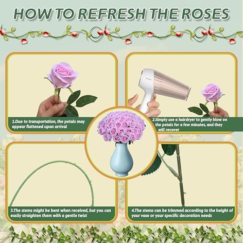 50 PCS Fake Pink Roses, Artificial Flowers Bulk, Realistic Silk Faux Roses - Image 5