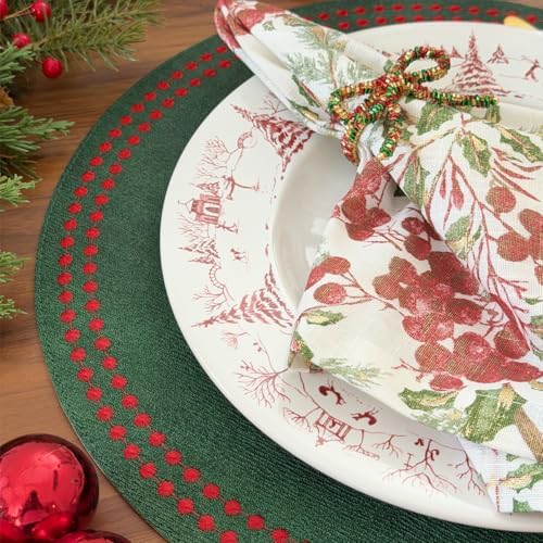 Bodrum Pearls Round Embroidered Placemats Set of 4 – 15" Elegant Table Mats for Dining, Weddings & Special Occasions, Decorative, Wipe-Clean Vinyl Placemats, Forest/Red - Image 6