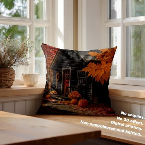 Batmerry Autumn Maple Forest Throw Pillow Covers, Pumpkins Cabins Fallen Leaves Decorative Pillow Covers Digital Printing Blended for Couch Sofa Bed Invisible Zipper 26X26 in(Set of 2) - Image 4