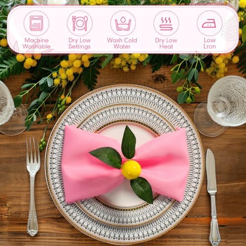 Preboun 24 Pcs Pink Cloth Napkins with Lemon Yellow Rings - Image 4