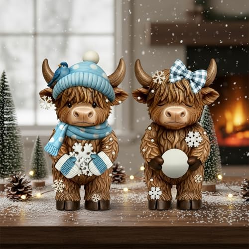 Simgoing 2 Pack Winter Highland Cow Figurines Snowflake Highland Cow Tabletop Decorations Calf Lovers Gifts for Home Centerpieces Holiday Ornament Gifts - Image 3