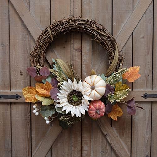 12" Fall Harvest Pumpkin and Sunflower Wreath - Grape Vine Autumn Wreath with Mixed Leaves, Perfect for Front Door, Indoor Outdoor Fall Door Decor, Pumpkin & Sunflower Accents - Ideal for Thanksgiving - Image 3