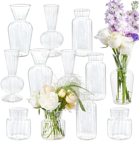 12 Pcs Ribbed Glass Bud Vases Set, 4 Styles Clear Small Flower Vases by UNMOONY