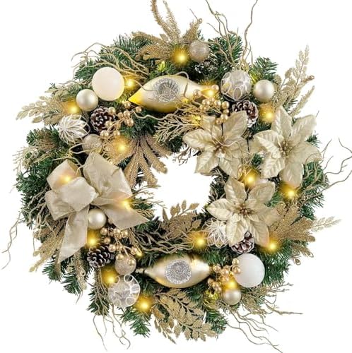WANNA-CUL Pre-Lit 24 Inch Champagne Gold Christmas Wreath for Front Door by WANNA-CUL
