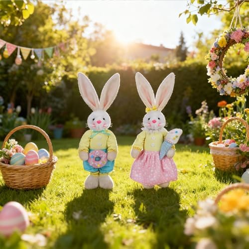 Glintoper 2 Pack Easter Decorations Standing Bunny with Stretchable Legs, 21" to 26" White Rabbits Couple Figurine, Party Favor Photo Props Gifts for Office Kitchen Farmhouse Front Door Spring Home - Image 5