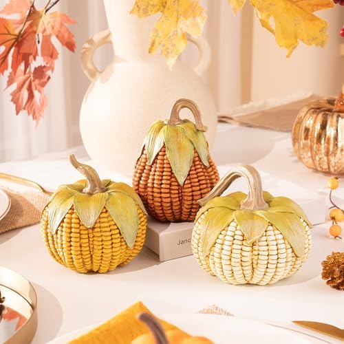 Valery Madelyn Fall Decorations for Home Pumpkins Decor, Set of 3 Resin Artificial Corn Decorative Pumpkins Figurines for Indoor Table Centerpieces Autumn Thanksgiving Halloween Decoration 6.3 Inch - Image 3