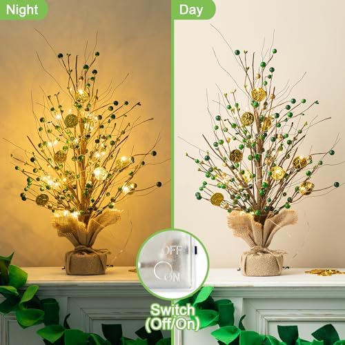 Glitzhome Lighted St Patrick's Shamrock and Berry Blossom Table Tree 18”H Green Berries Tree Table Centerpiece for St Patrick's Day Holiday Decoration Home Decor Artificial Plants - Image 6