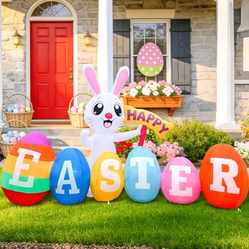 7FT Easter Bunny Inflatable with Happy Easter Sign, LED Yard Decor by GIGLIM