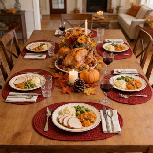 Oval Woven Placemats Set of 8 Heat Resistant Placemats 17 x 12 Inches Farmhouse Cotton Rope Place Mats for Dining Tables Trivets for Hot Dishes, Burgundy - Image 5