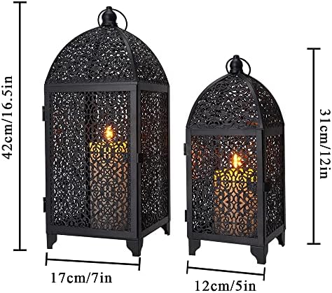 TRIROCKS Set of 2 Vintage Decorative Candle Lantern 12''&16.5'' High Metal Candle Holder Hanging Lantern with Hollow Pattern for Living Room Garden Parties Events Indoors Outdoors(Black) - Image 6