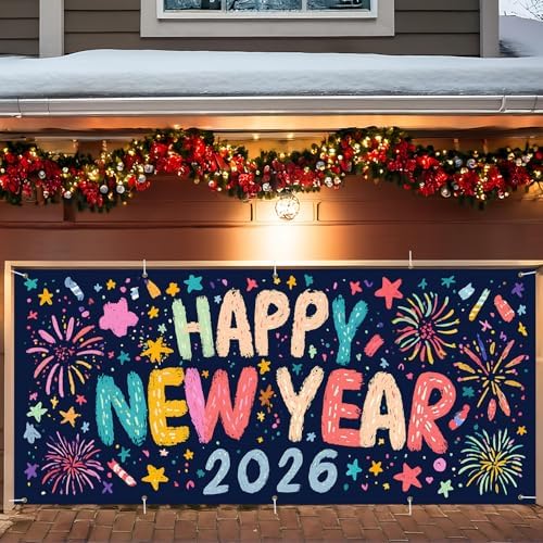 Happy New Year 2026 Garage Door Banner 7x16FT, Colorful Fireworks Garage Door Cover, Large Outdoor New Year Decoration Backdrop for Garage Doors, Fence, Yard, Holiday Party by ANNAQUEEN