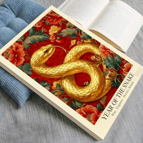 Chinese Lunar Year of the Snake Golden Art Print – Traditional Oriental Home Decor Red Peony & Cloud Pattern Zodiac Wall Decor for Apartment Bedroom Living Room Office 8X12 in Wrapped Framed - Image 3
