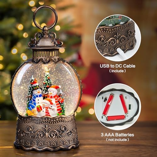 Christmas Snow Globes Lantern with Music, Snowman Snow Globes with Swirling Glitter Effects, USB/Battery Powered with 6-Hour Timer, Christmas Decorations - Image 2