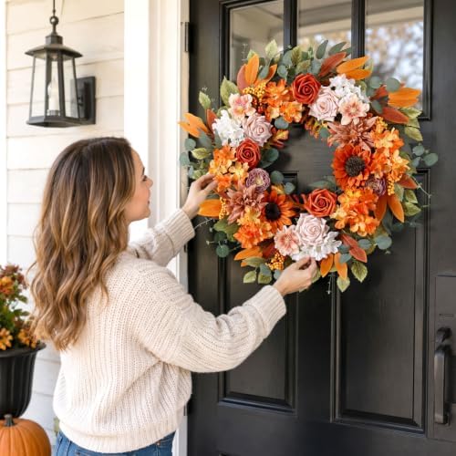 24 Inch Fall Wreaths for Front Door with Sunflowers Roses Autumn Home Decor - Image 4