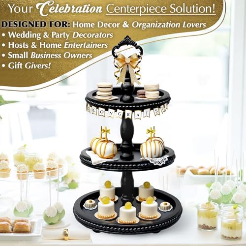 [3-in-1] Wooden Tiered Tray Stand - Beaded 3 Tiered Tray Decor Wood Cupcake Stand for Farmhouse Country Rustic Home - 3 Tier Stand [with 3 Changeable Handles] by Felt Creative Home Goods (Black) - Image 4