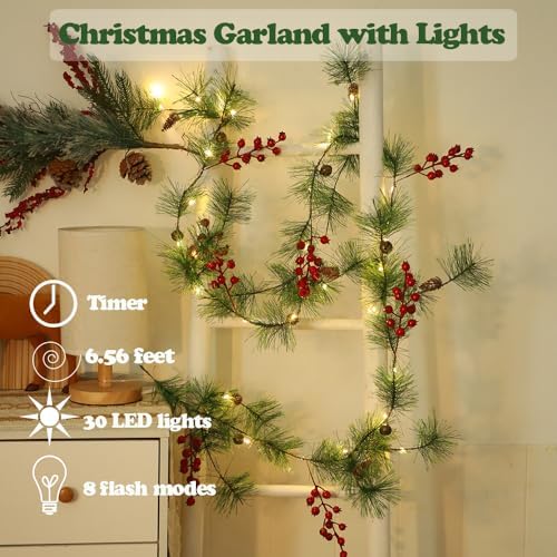 Christmas Garlands 6.56FT 30 LED Remote Garlands with Lights Battery Operated Pine Garland with Artificial Greenery Garland Christmas Decorations Timer & 8 Flash Modes - Image 2