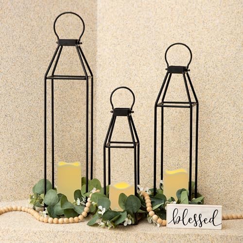 Perfnique Set of 3 Black Metal Lanterns w/ Waterproof Flickering Flameless Candle & Remote Timer, Modern Farmhouse Lanterns Decorative for Outdoor, Front Porch, Indoor, Patio, Garden, Fireplace - Image 2