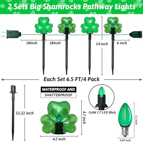 2*4 Pack LED St. Patricks Shamrock Pathway Lights for St. Patricks Day Decorations, Green Lucky Clover Pathway Stake Lights Outdoor Waterproof, UL Certified for Lawn Yard Walkway Irish Decor, Plug In - Image 2