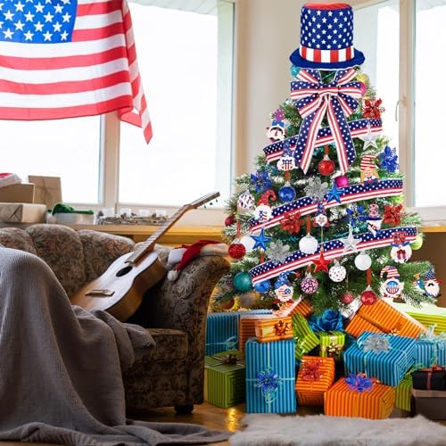 43 Pcs 4th of July Patriotic Tree Decorations Independence Day Christmas Tree Ornaments Ribbon Bow Topper Red White and Blue Hanging Ornaments for National Memorial Day Party - Image 5