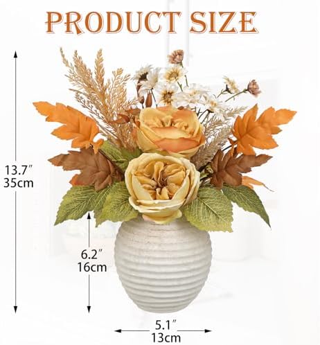 Artificial Fall Floral Centerpiece with Vase, Fake Flowers for Autumn Table Decorations, Silk Rose & Maple Leaves Arrangement, Rustic Cement Vase Harvest Decor for Dining Table, Kitchen, Living Room - Image 2