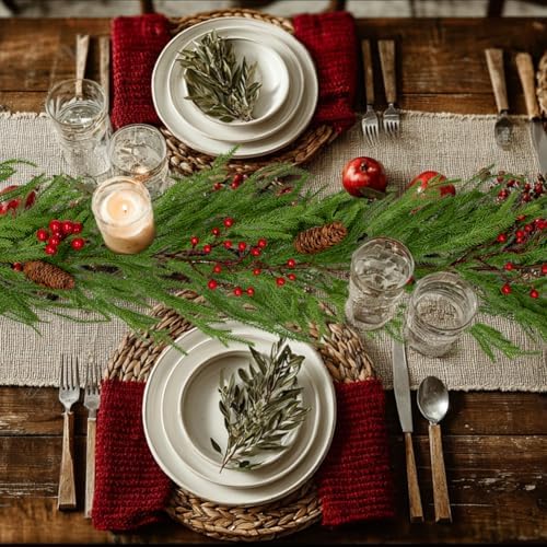 Hollyone 9FT Norfolk Pine Garland Real Touch Winter Pine Garland with Red Berry Christmas Garlands Artificial Greenery for Table Mantle Wall Indoor Outdoor Mantle Holiday Christmas Home Decor - Image 6