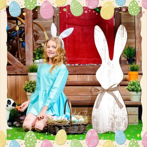 Yerliker 35.5 H Easter Bunny Porch Decor Sign Easter Outdoor Decor Wooden Bunny Standing Porch Sign Vertical Farmhouse Rabbit with Ribbon for Front Door Indoor Outdoor Yard Garden Decor - Image 6