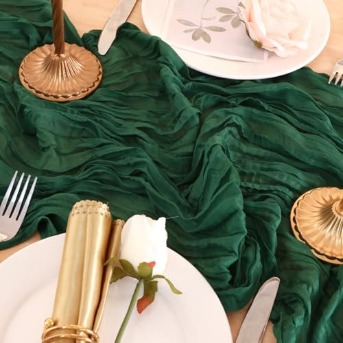 8 Pack Emerald Green Cheesecloth Table Runner 120 Inch Boho Wedding Decor - Image 7