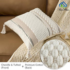 AmHoo Set of 2 Chenille Striped Textured Boho Throw Pillow Covers Aesthetic with Tassels Woven Decorative Pillow Case for Couch Bed Sofa Bedroom Modern Funky 18 x 18-Inch White - Image 2