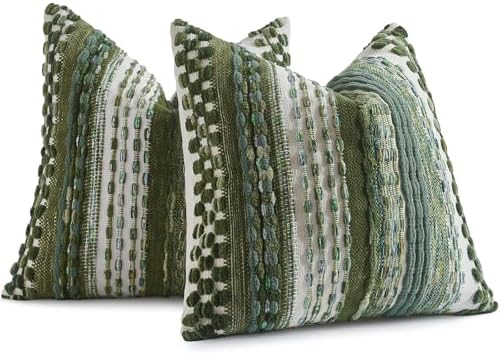 AmHoo Set of 2 Chenille Tufted Striped Textured Boho Throw Pillow Covers Aesthetic Woven Decorative Pillow Case for Couch Bed Sofa Bedroom Modern Funky 18 x 18-Inch Sage Green by AmHootextile