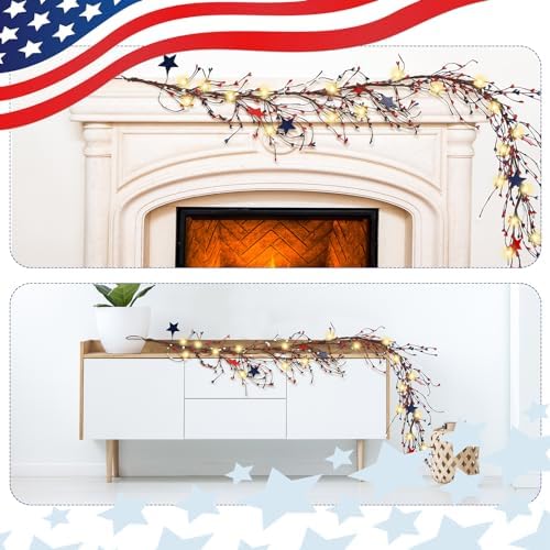 4th of July Garland with 30 Fairy Lights 4.5ft Long Patriotic Red White and Blue Star Berry Garland Ornament USA Independence Day Flag for 250th Anniversary Decor - Image 6