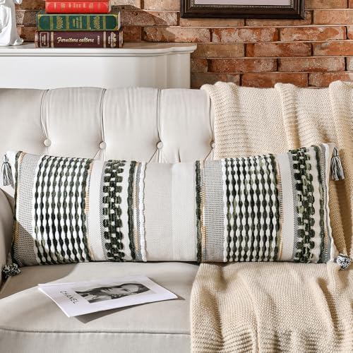 AmHoo Chenille Striped Textured Boho Throw Pillow Covers Aesthetic with Tassels Woven Decorative Pillow Case for Couch Bed Sofa Bedroom Modern Funky 14 x 36-Inch Sage Green by AmHootextile