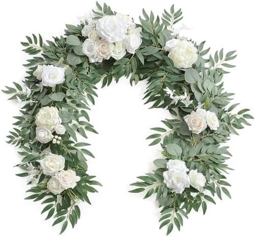 Floroom 6ft Artificial Eucalyptus Garland with Flowers Fake Greenery Faux Floral Vine Garland for Table Decor Wedding Centerpieces Bridal Shower Party Decorations, Ivory White by Floroom